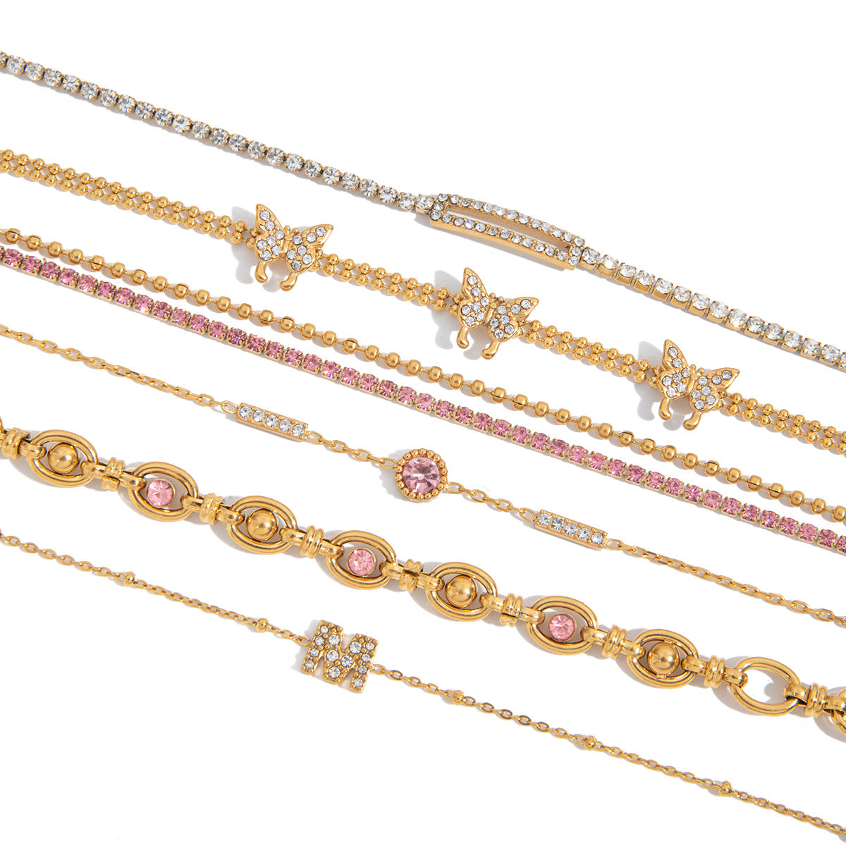 Gold Layered Bracelet Set with Butterfly, Pink Gemstones & Crown Charm