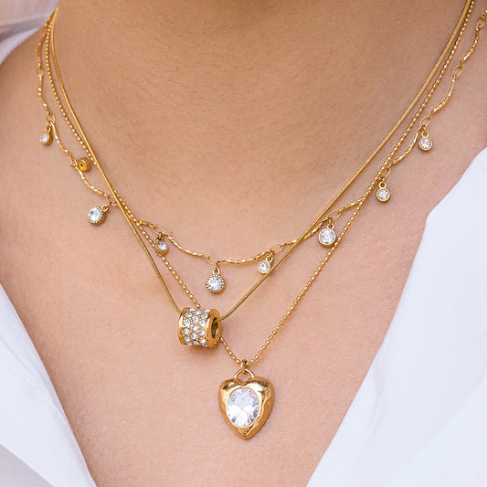 Multi - Layered Gold - Tone Necklace with CZ Pendants and Heart - Shaped Charm