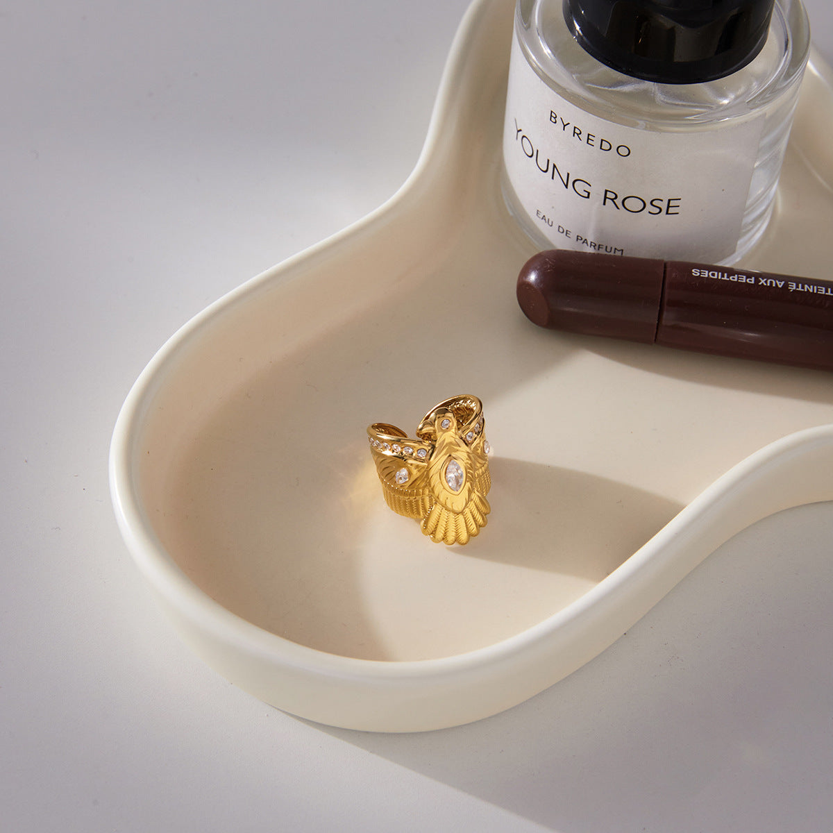 Eagle Wing Ring – Wide Band Statement Ring with Oval Gemstone for Women