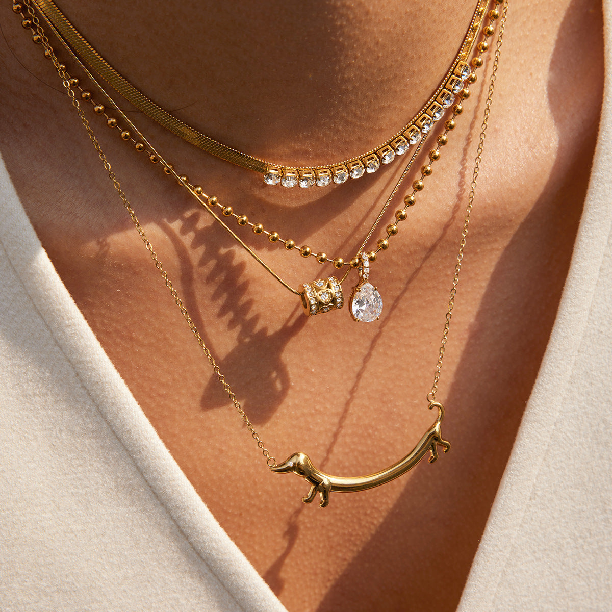 Layered Stainless Steel Necklaces with Dachshund Pendant and Crystal Accents