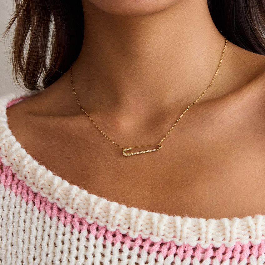 Dainty Gold - Filled Safety Pin Necklace with Cubic Zirconia