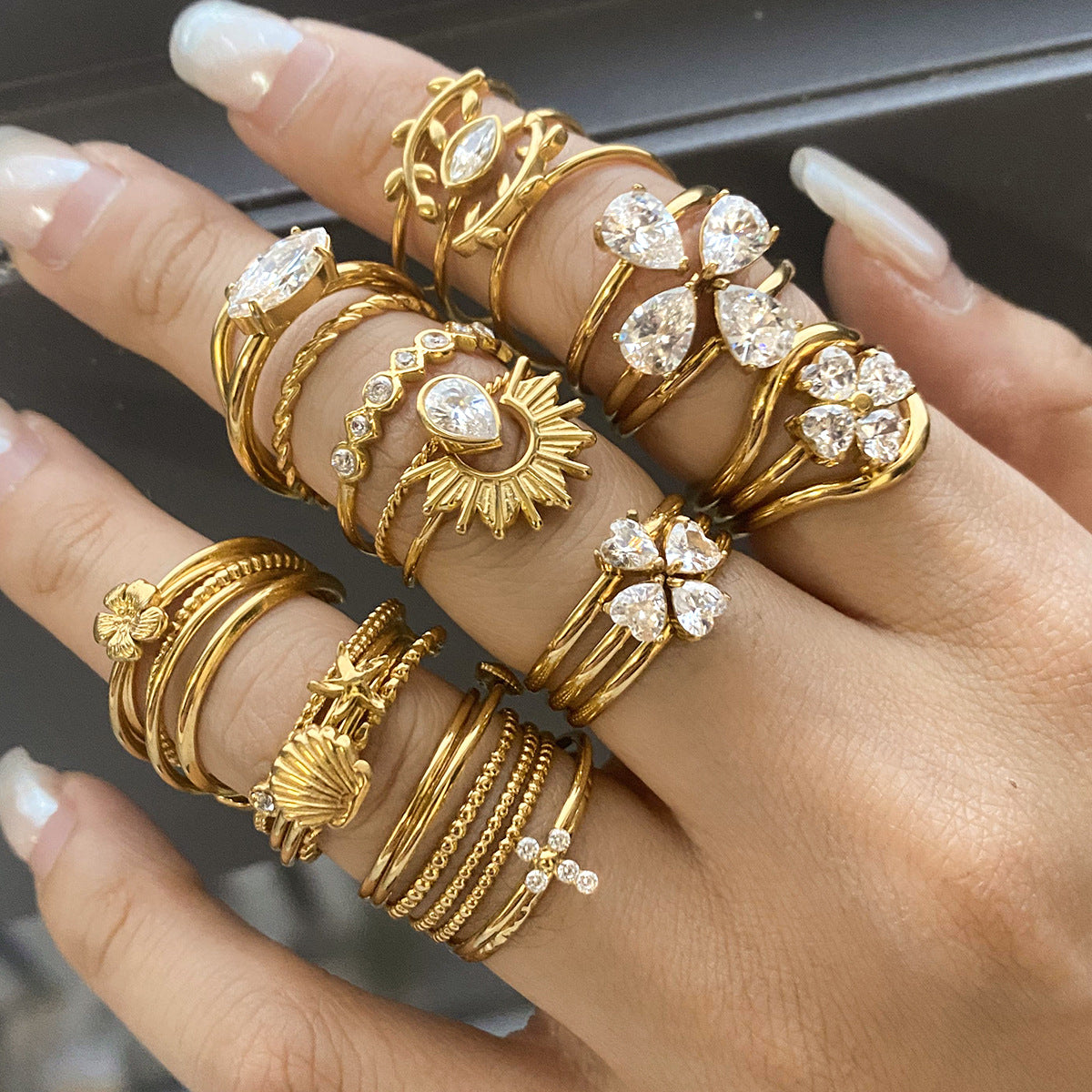 Bohemian Gold Stackable Rings – Mixed Shapes Cubic Zirconia Statement Ring Set for Women