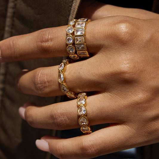 18K Gold Plated Eternity Ring – Rectangular Cut Cubic Zirconia Wedding Band for Women