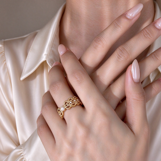 Vintage Gold Pearl Ring – Ornate Filigree Openwork Statement Ring