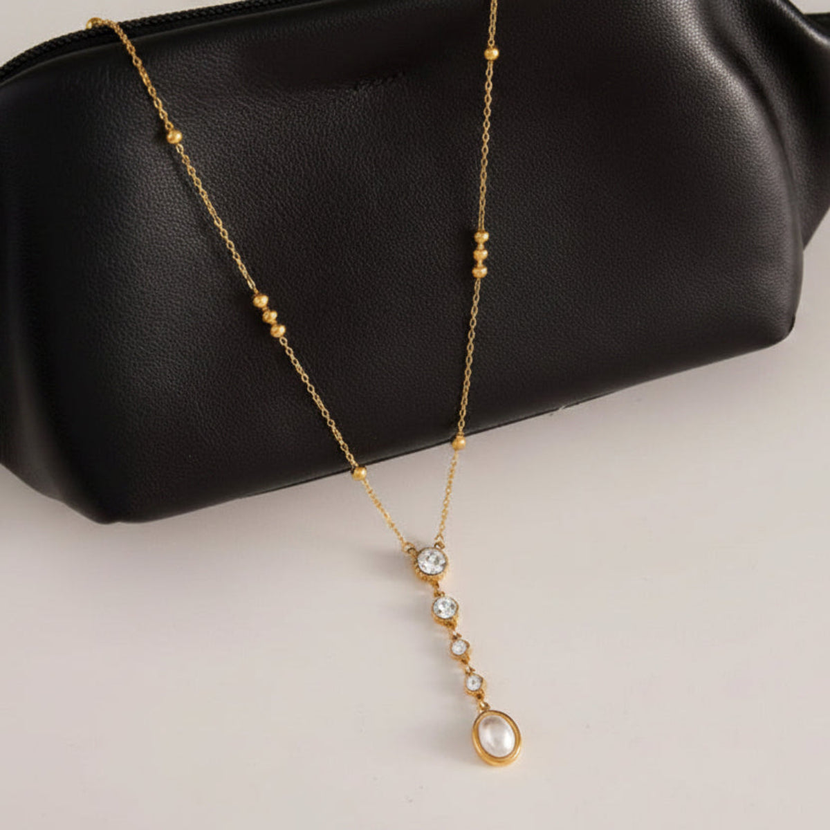 18K Gold Plated Y-Necklace with CZ & Pearl Drop – Elegant Stainless Steel Lariat for Women