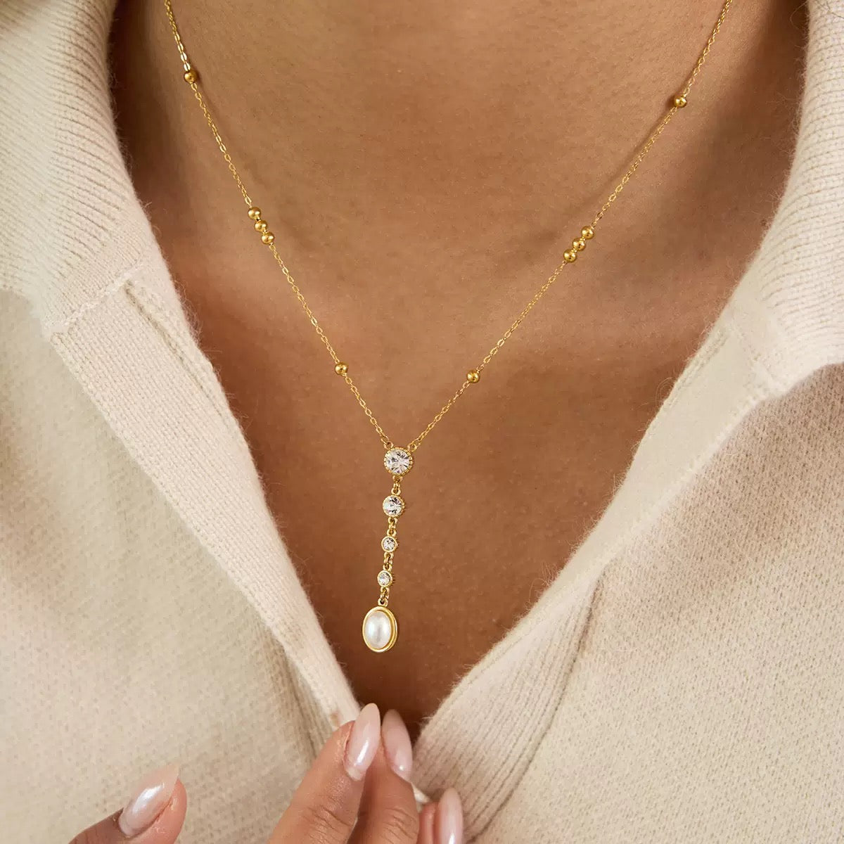 18K Gold Plated Y-Necklace with CZ & Pearl Drop – Elegant Stainless Steel Lariat for Women