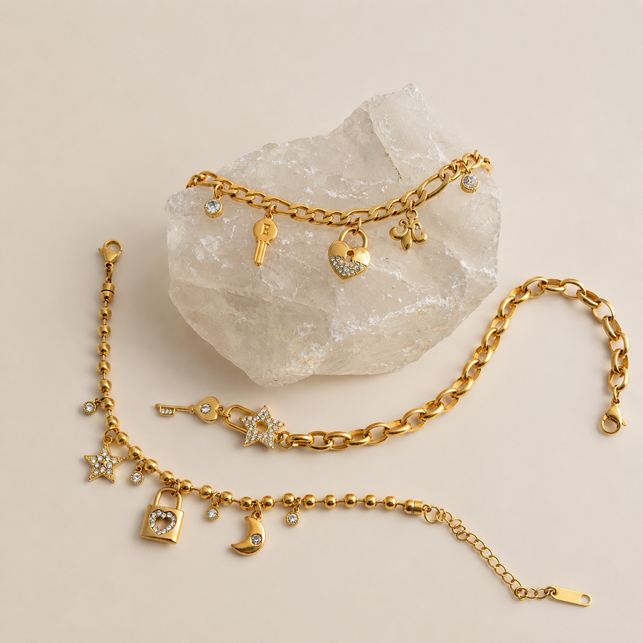 Dainty Gold Charm Bracelet for Women | Heart Key Star Layered Bracelet Gift for Her