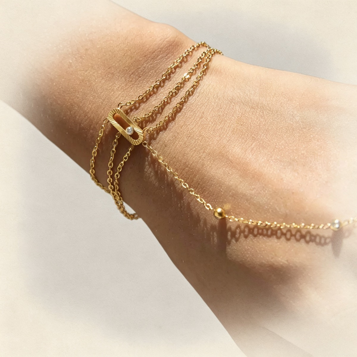 Gold Layered Hand Chain Bracelet – Minimalist Beaded Finger Ring Jewelry