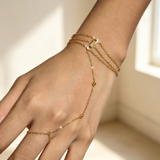 Gold Layered Hand Chain Bracelet – Minimalist Beaded Finger Ring Jewelry