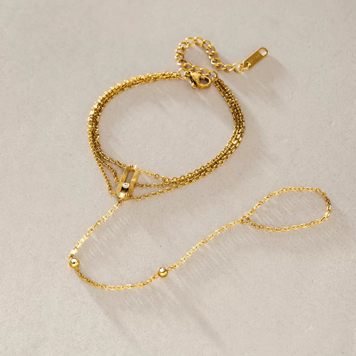 Gold Layered Hand Chain Bracelet – Minimalist Beaded Finger Ring Jewelry