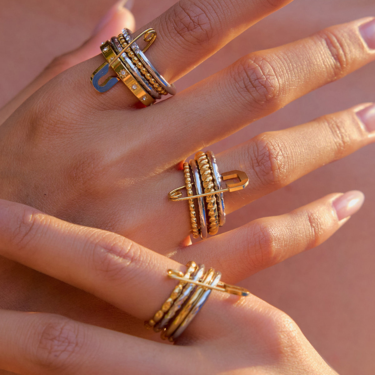 Safety Pin Stackable Rings – Gold, Silver & Rose Gold Tone Metal Rings for Women