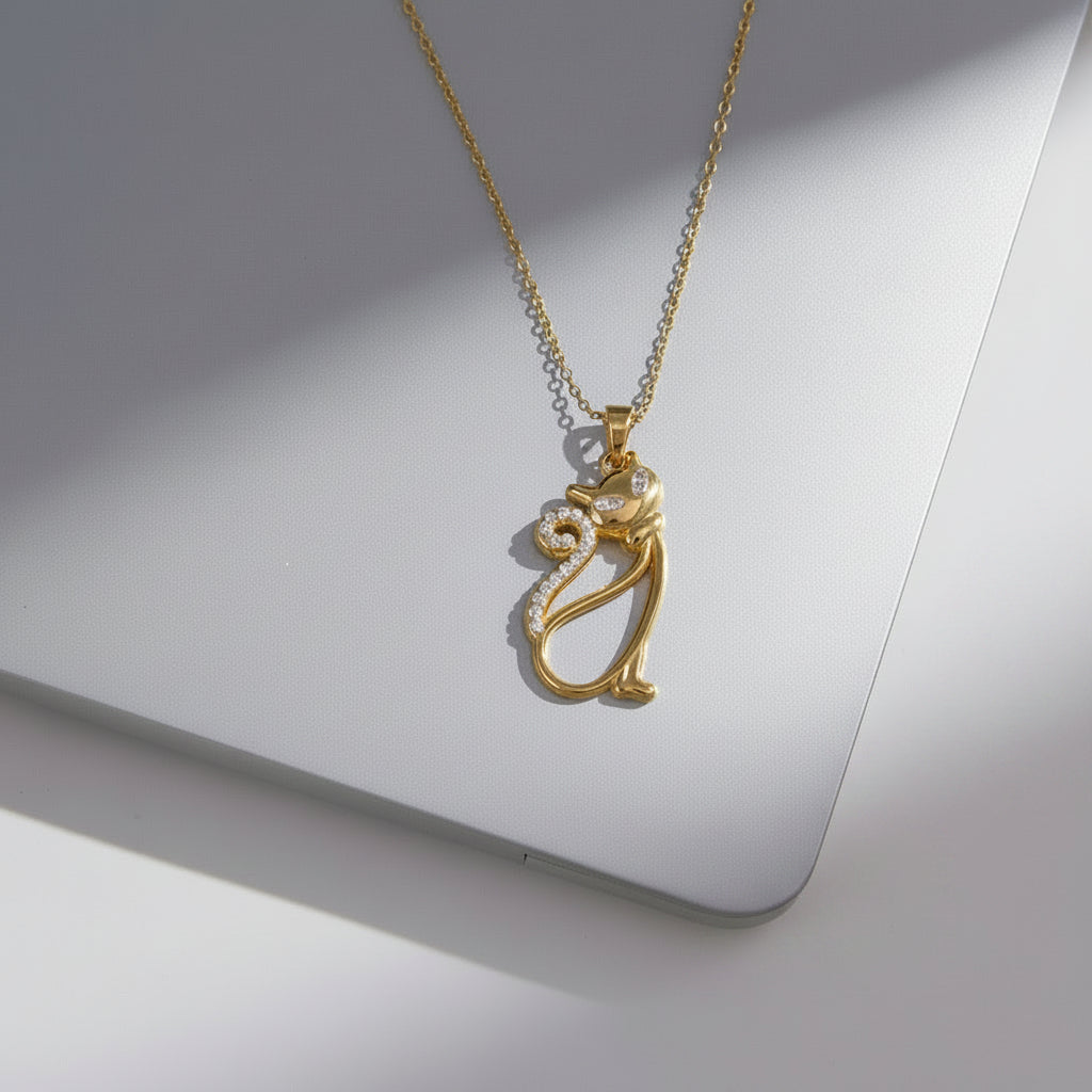 Cat Pendant Necklace with CZ Accents – Elegant Stainless Steel Animal Charm Chain for Women