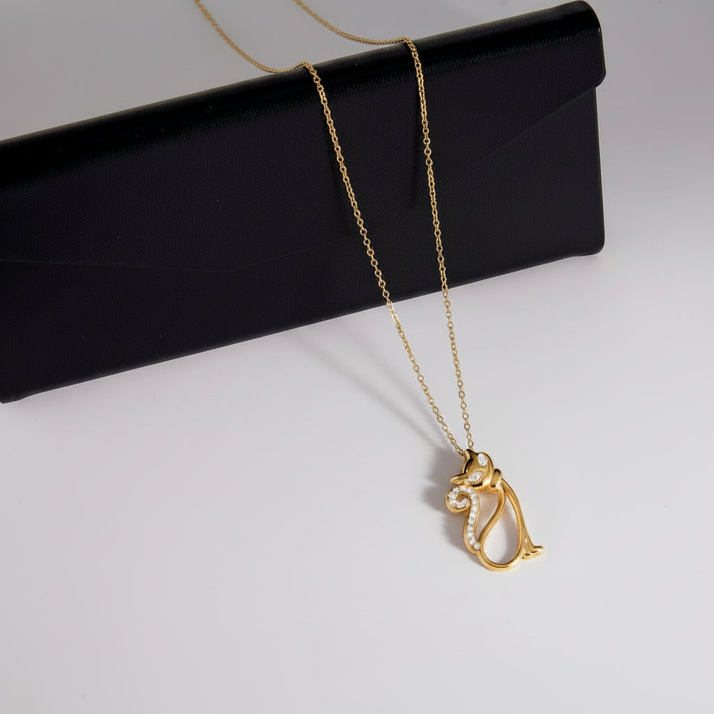 Cat Pendant Necklace with CZ Accents – Elegant Stainless Steel Animal Charm Chain for Women