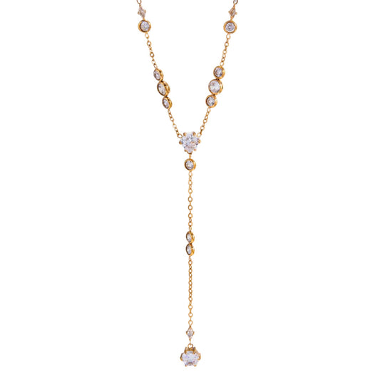 Gold necklace with diamond pendants on a white background