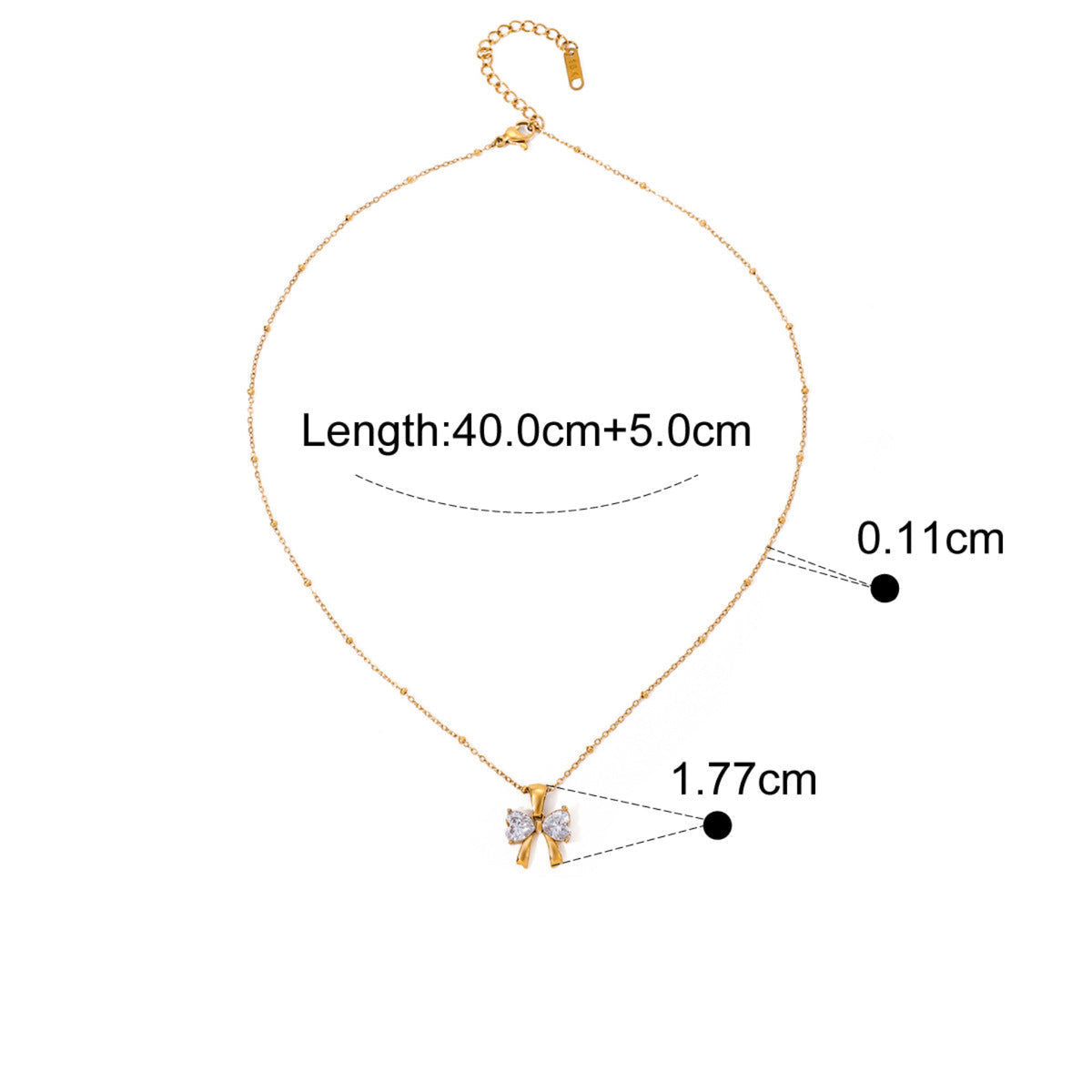 Gold necklace with measurements and product details on a white background