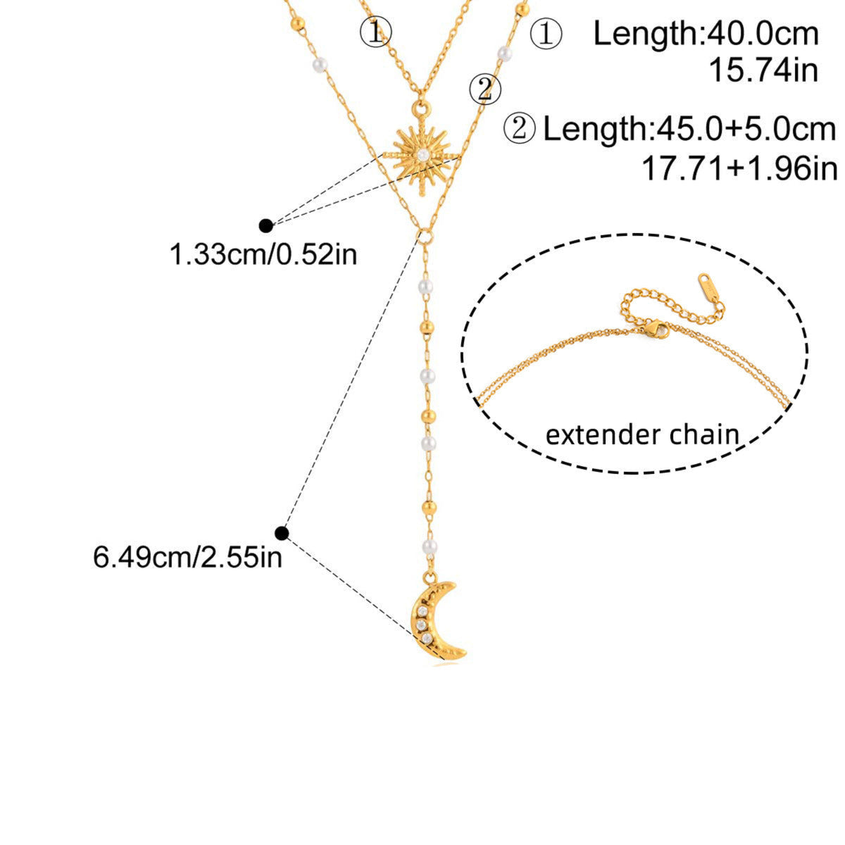 Gold necklace with measurements and extender chain details 