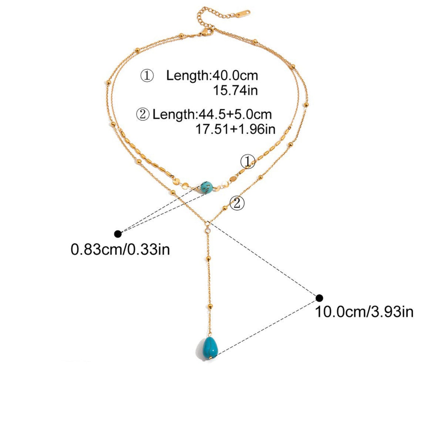 Gold-tone double-strand necklace with turquoise-colored beads and a teardrop pendant, shown with measurement callouts and labels on a white background.