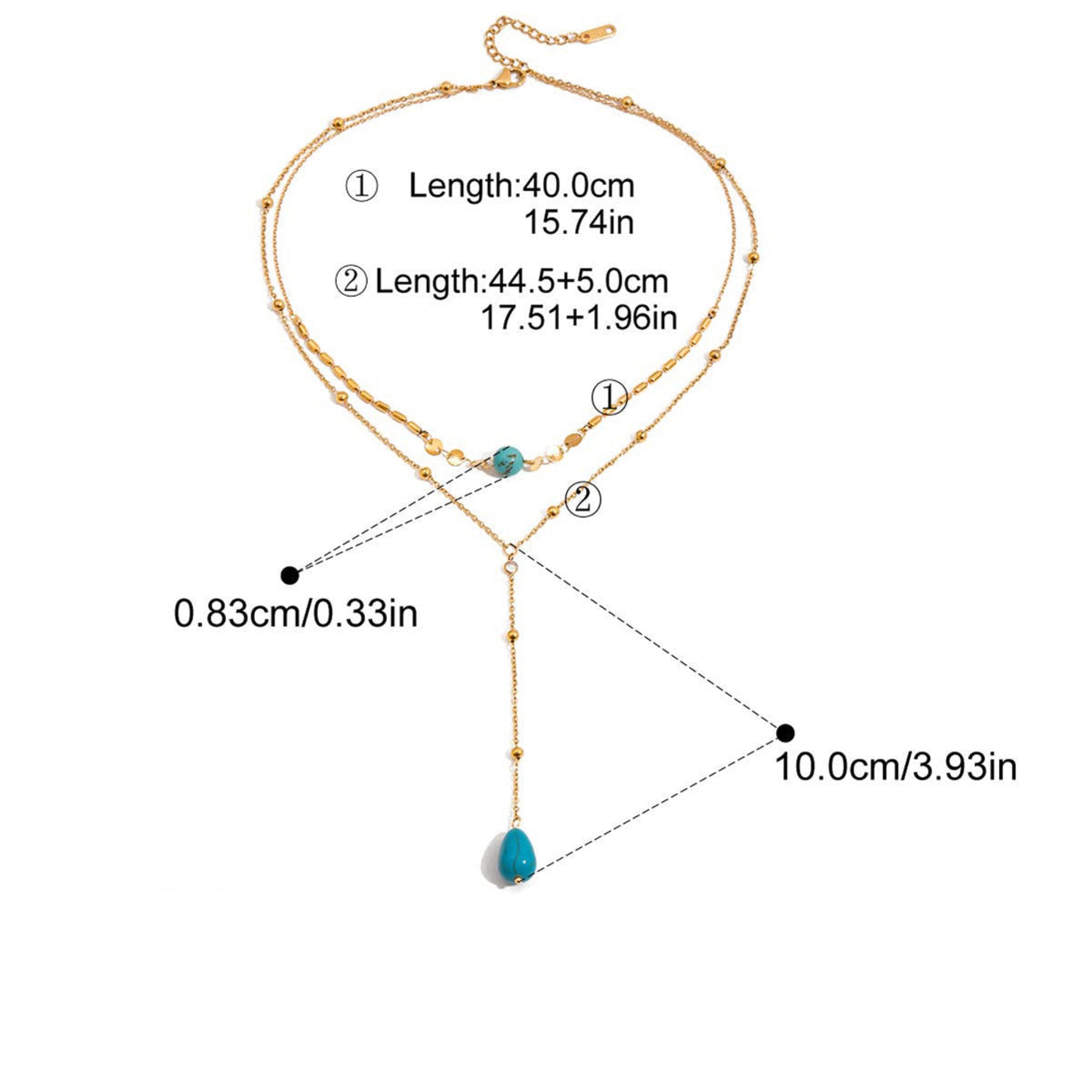 Gold-tone double-strand necklace with turquoise-colored beads and a teardrop pendant, shown with measurement callouts and labels on a white background.