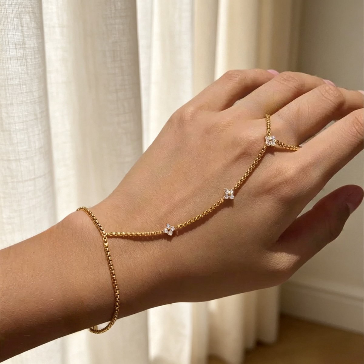 Gold-Tone Crystal Flower Hand Chain Bracelet – Dainty Floral Finger Bracelet