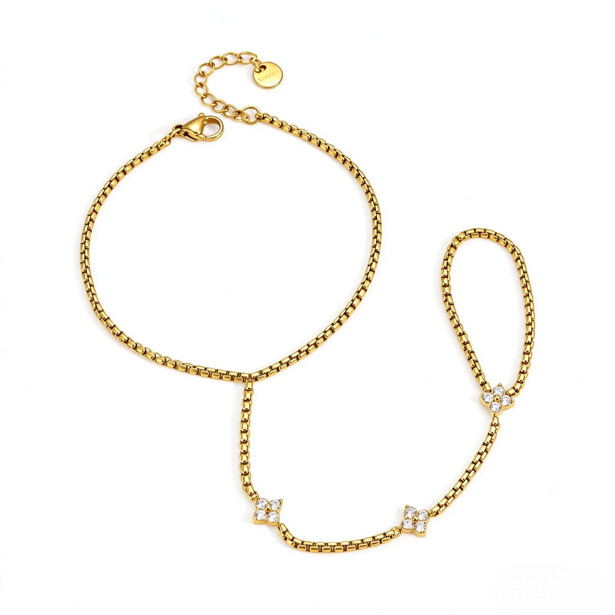 Gold-Tone Crystal Flower Hand Chain Bracelet – Dainty Floral Finger Bracelet