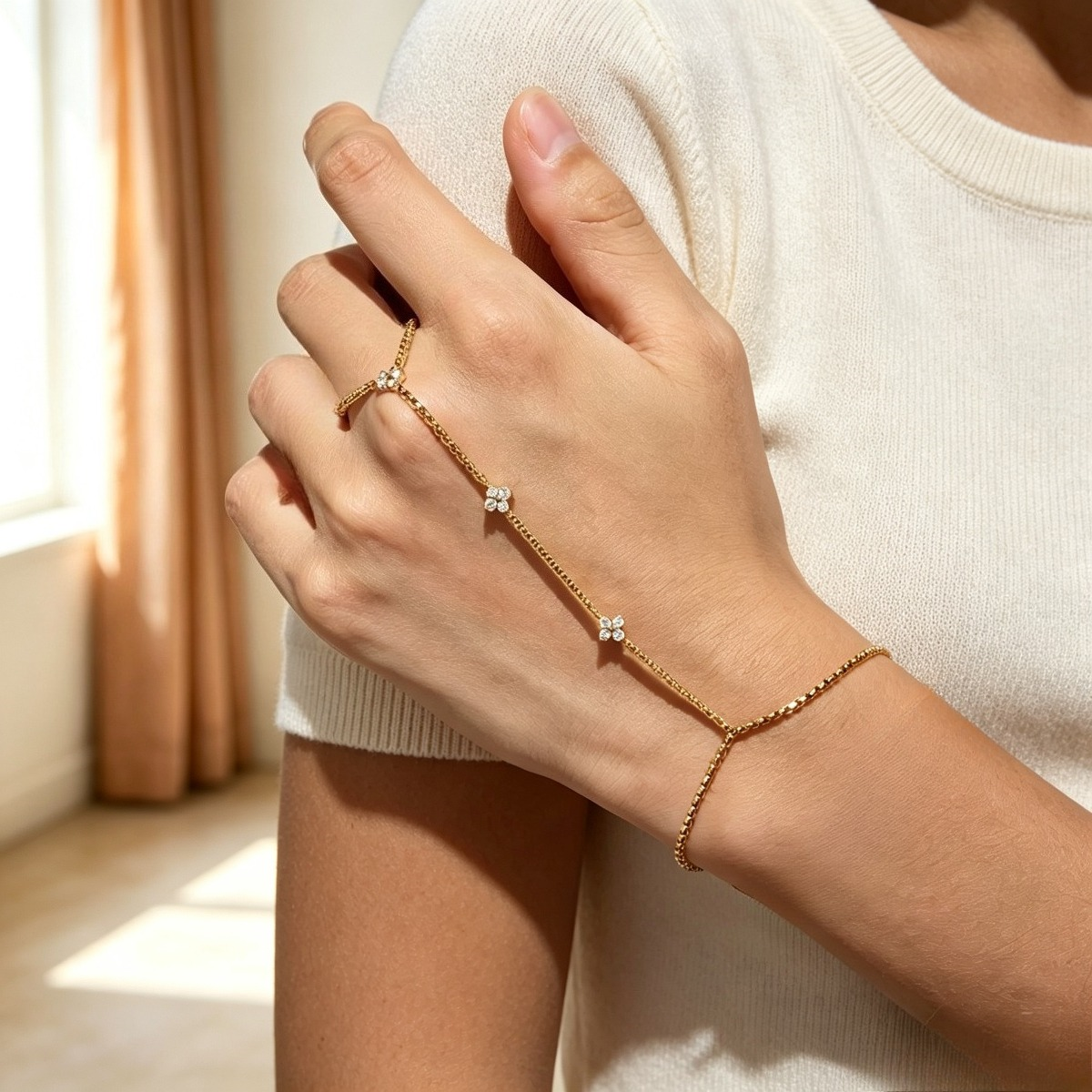 Gold-Tone Crystal Flower Hand Chain Bracelet – Dainty Floral Finger Bracelet