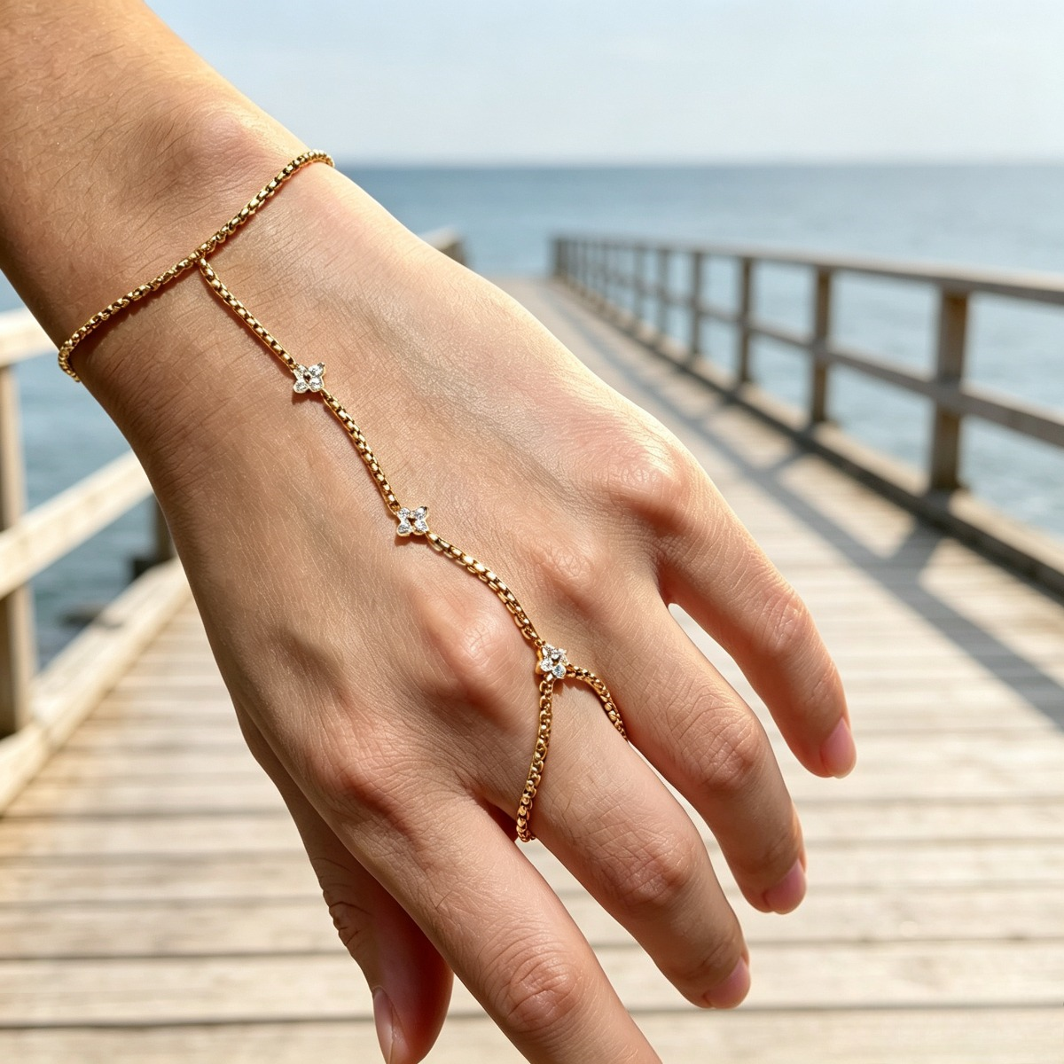 Gold-Tone Crystal Flower Hand Chain Bracelet – Dainty Floral Finger Bracelet