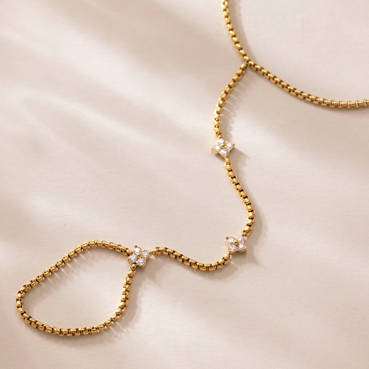 Gold-Tone Crystal Flower Hand Chain Bracelet – Dainty Floral Finger Bracelet