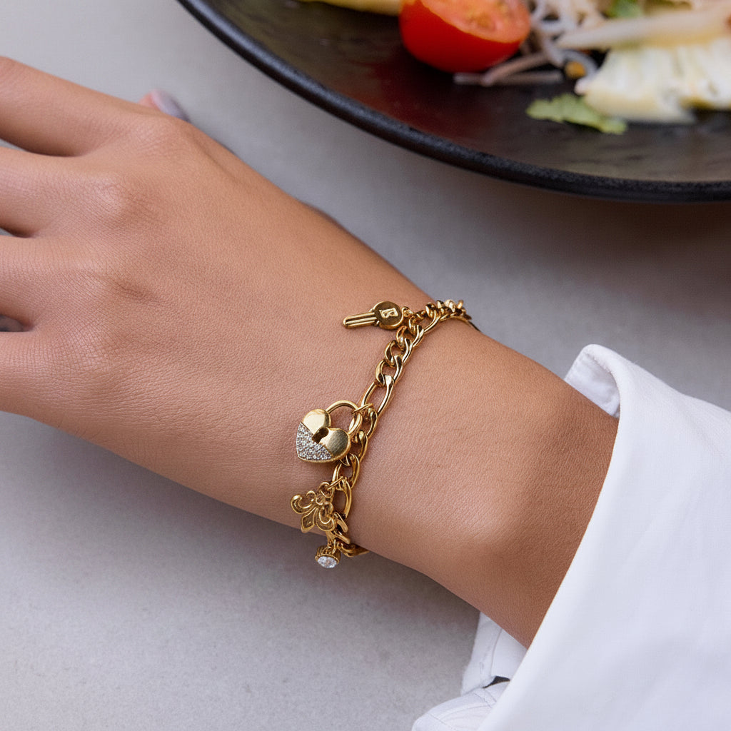 Dainty Gold Charm Bracelet for Women | Heart Key Star Layered Bracelet Gift for Her