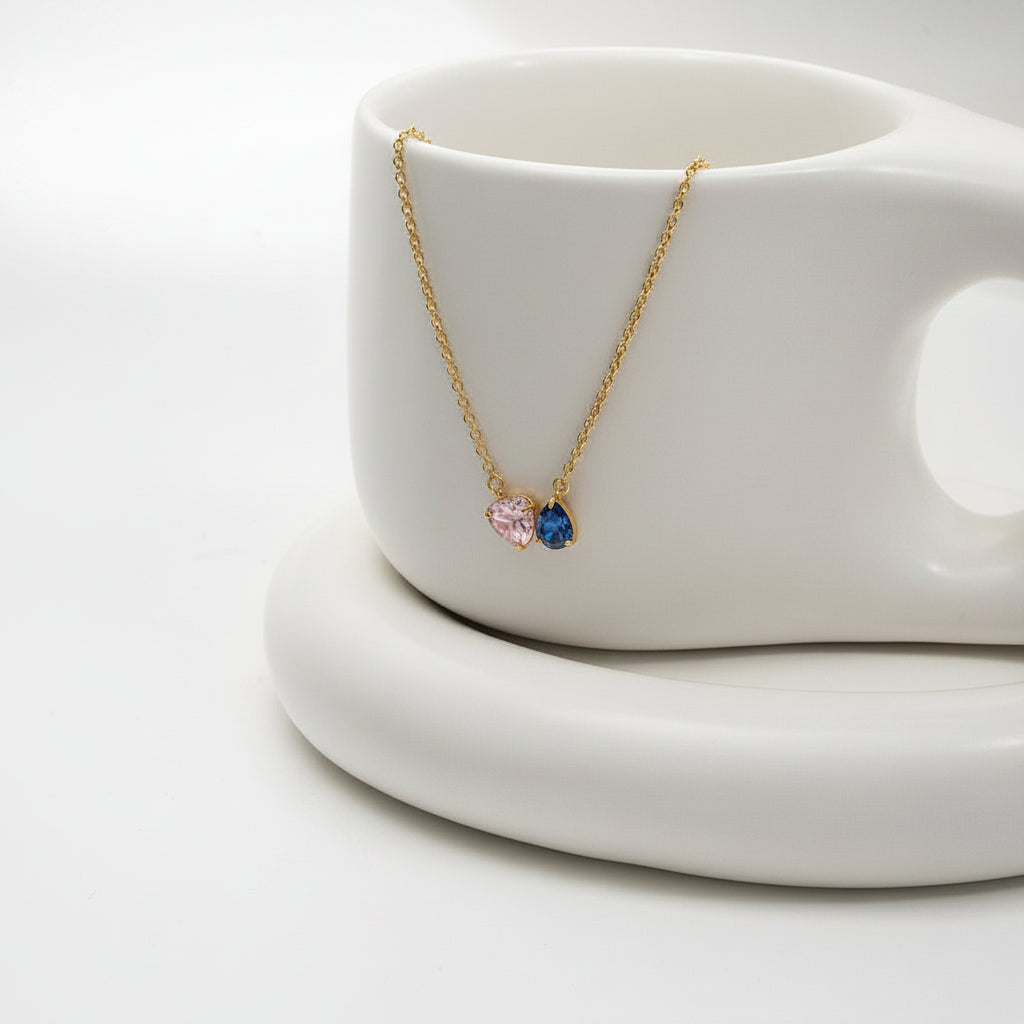 18K Gold Plated Pink & Blue Heart Pendant Necklace – Romantic CZ Crystal Love Jewelry Gift for Women