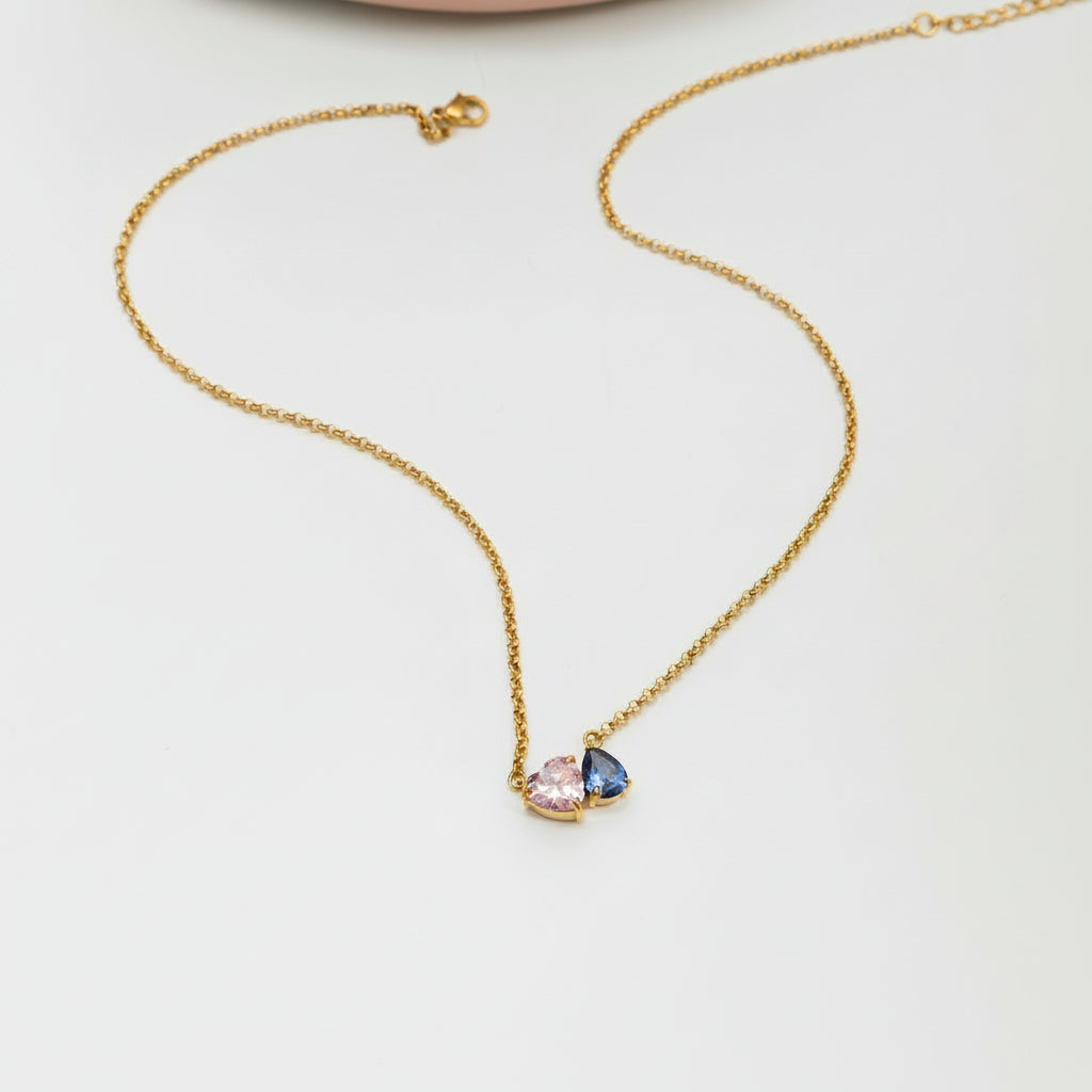 18K Gold Plated Pink & Blue Heart Pendant Necklace – Romantic CZ Crystal Love Jewelry Gift for Women