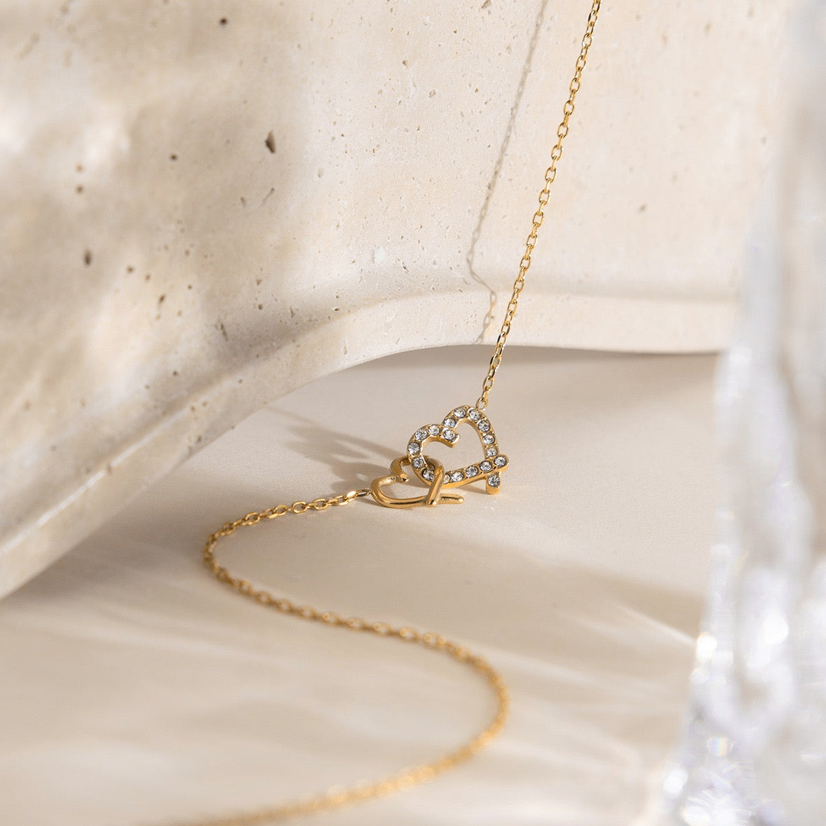 18K Gold Plated Double Heart CZ Necklace – Romantic Love Pendant Jewelry Gift for Her