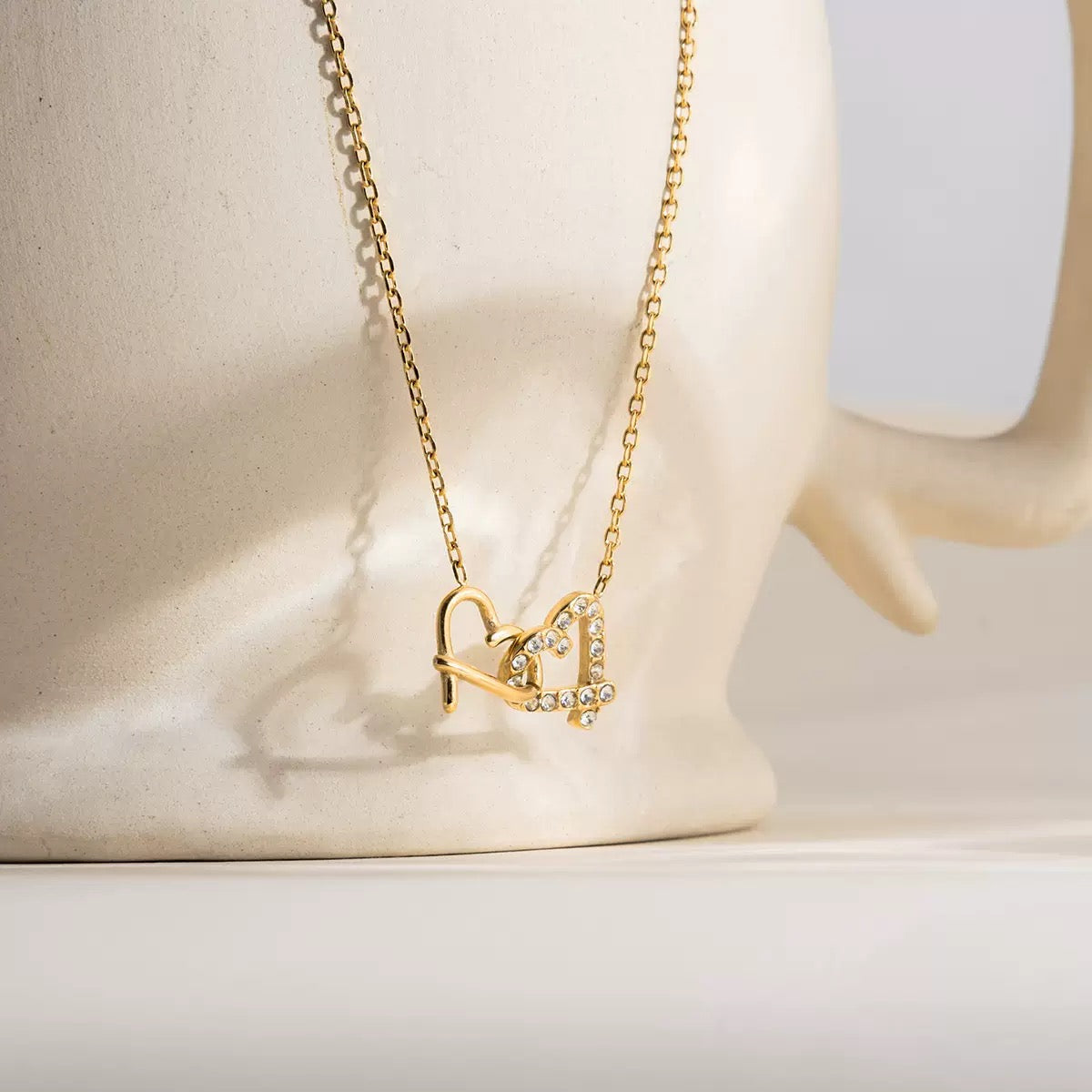 18K Gold Plated Double Heart CZ Necklace – Romantic Love Pendant Jewelry Gift for Her