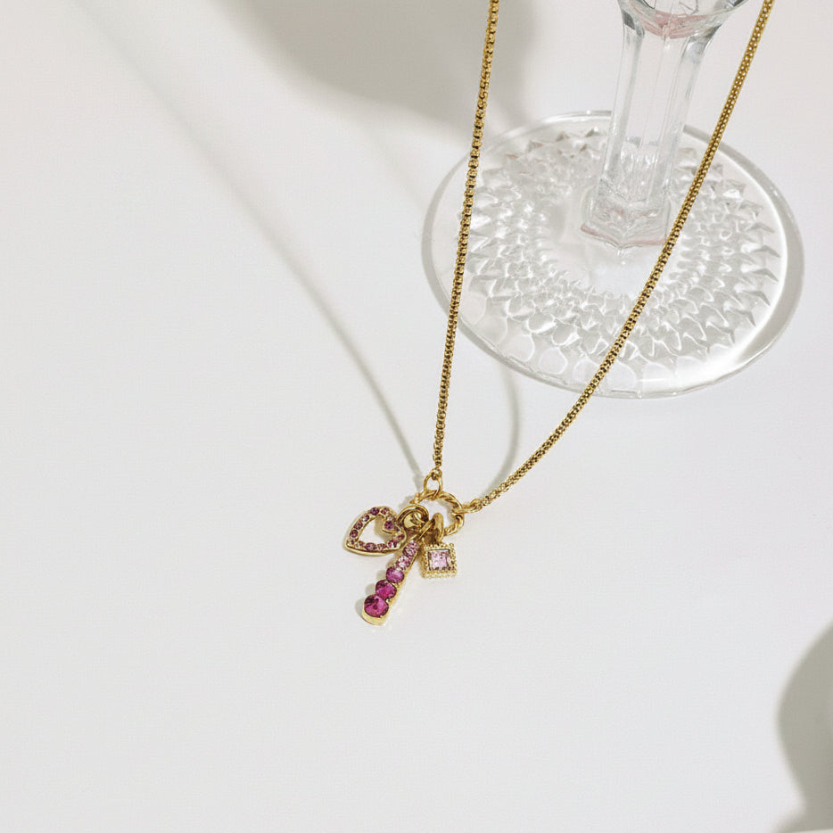 18K Gold Plated Pink Gemstone Charm Necklace for Women – Dainty Layering Jewelry Gift