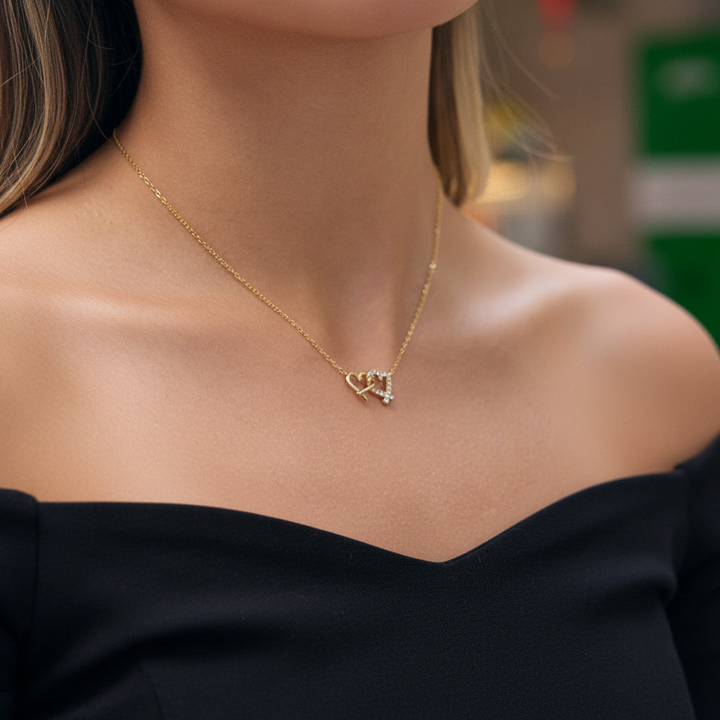 18K Gold Plated Double Heart CZ Necklace – Romantic Love Pendant Jewelry Gift for Her