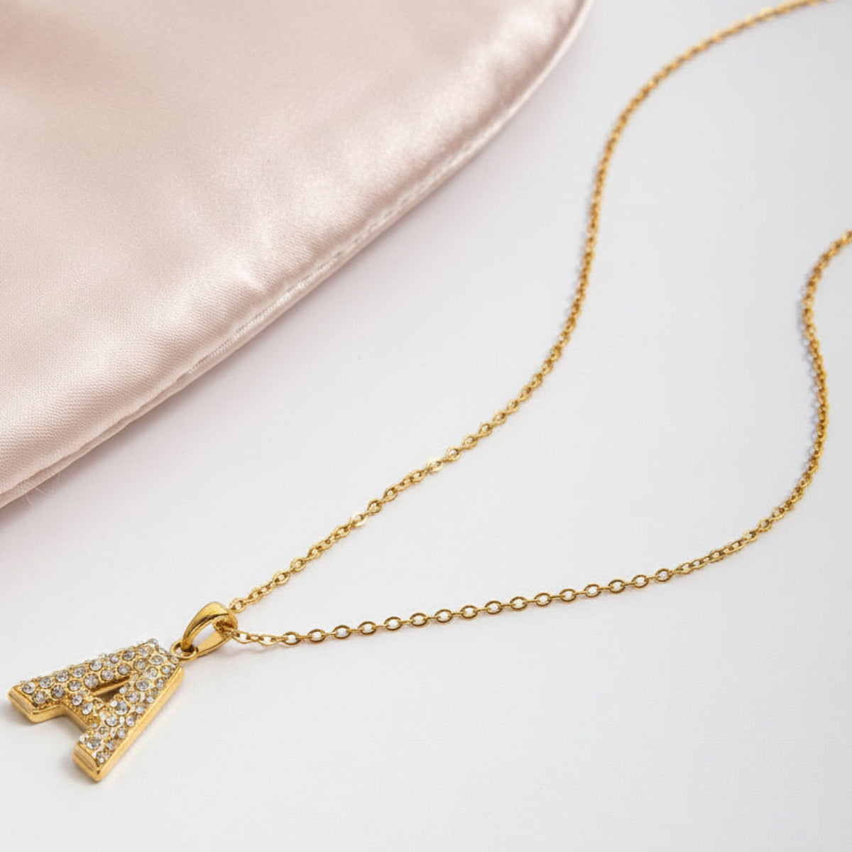 18K Gold Plated Stainless Steel Letter "A" Pendant Necklace with Cubic Zirconia