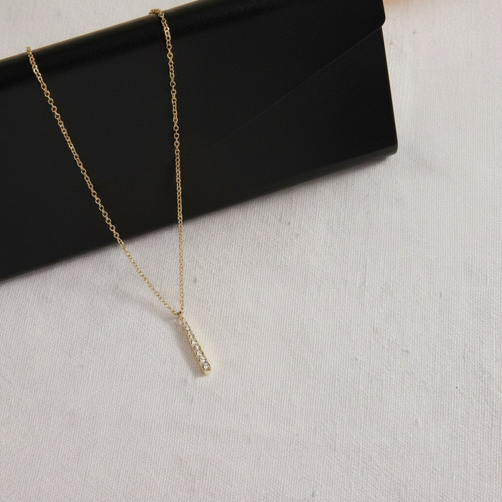 Gold Plated Vertical Bar Necklace with CZ Stones