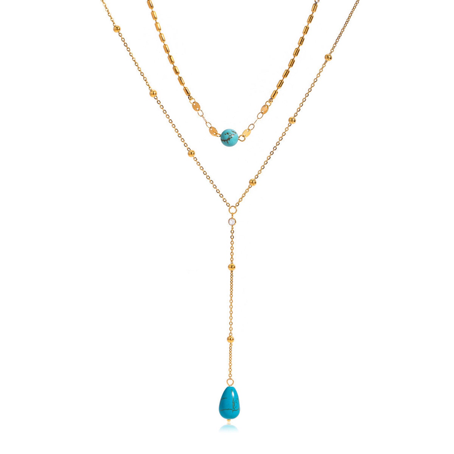 Two gold necklaces with turquoise beads on a white background